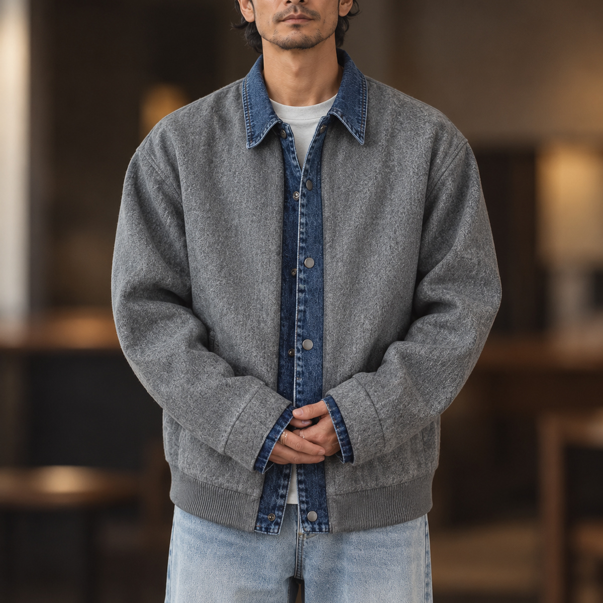 日系復古牛仔拼接翻領外套｜寬鬆落肩按扣夾克 · S01